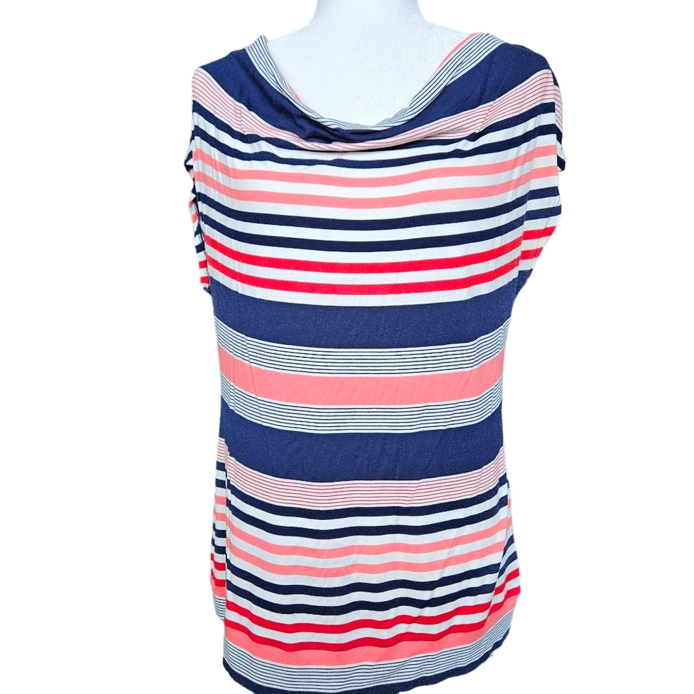 Reitmans navy red white striped tank top blouse cowl neck viscose size LP - Picture 3 of 9